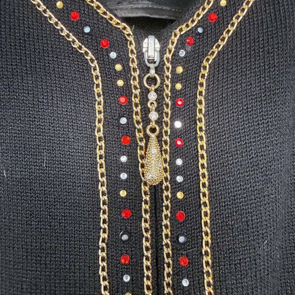 Donna Vinci Knits Womens Black Rhinestone Chain Trim Zip Front Jacket Size 10 - Picture 2 of 6